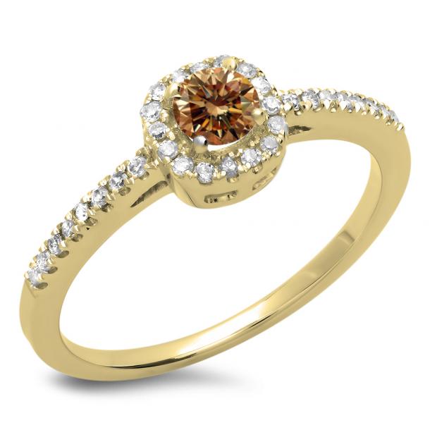 0.45 Carat (ctw) 10K Yellow Gold Round Cut Champagne & White Diamond Ladies Halo Style Bridal Engagement Ring 1/2 CT