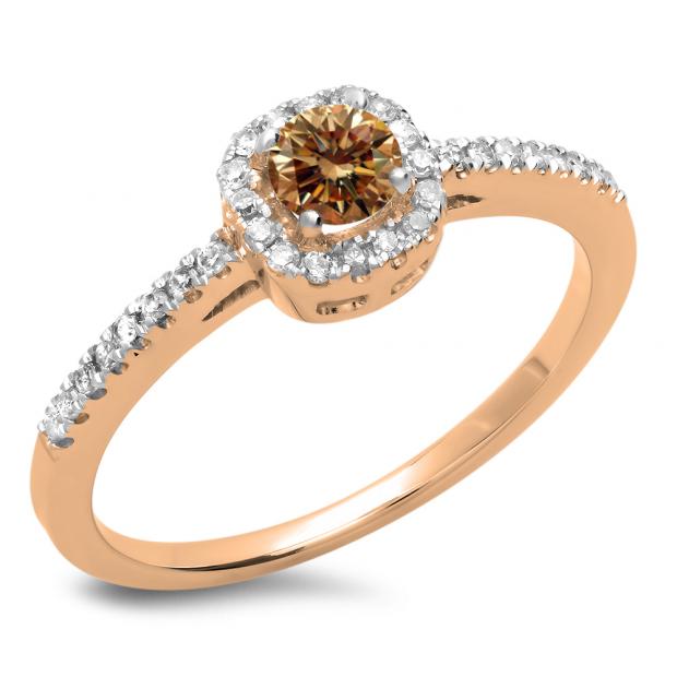 0.45 Carat (ctw) 14K Rose Gold Round Cut Champagne & White Diamond Ladies Halo Style Bridal Engagement Ring 1/2 CT