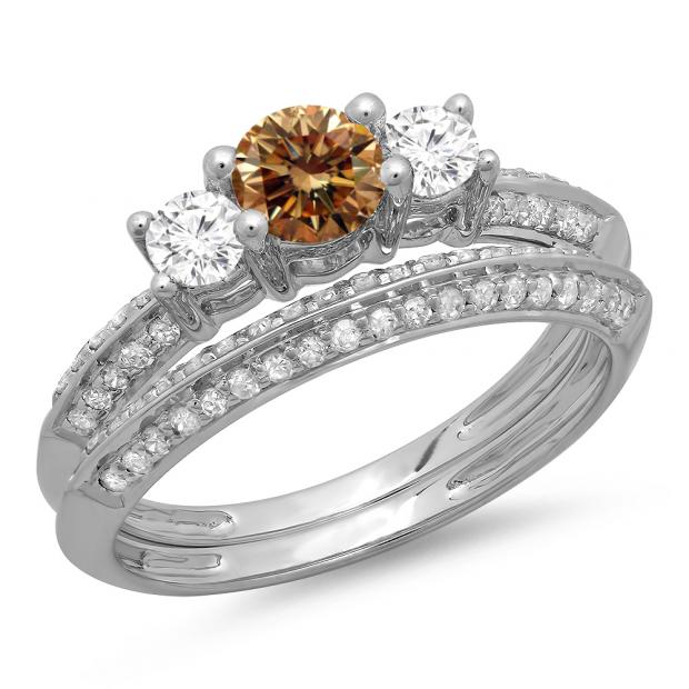 1.05 Carat (ctw) 14K White Gold Round Cut Champagne & White Diamond Ladies 3 Stone Bridal Engagement Ring With Matching Band Set 1 CT