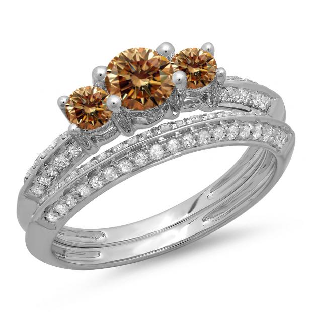 1.05 Carat (ctw) 10K White Gold Round Cut Champagne & White Diamond Ladies 3 Stone Bridal Engagement Ring With Matching Band Set 1 CT
