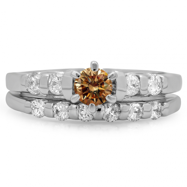 1.00 Carat (ctw) 10K White Gold Round Cut Champagne & White Diamond Ladies Bridal Solitaire With Accents Engagement Ring Matching Band Set 1 CT