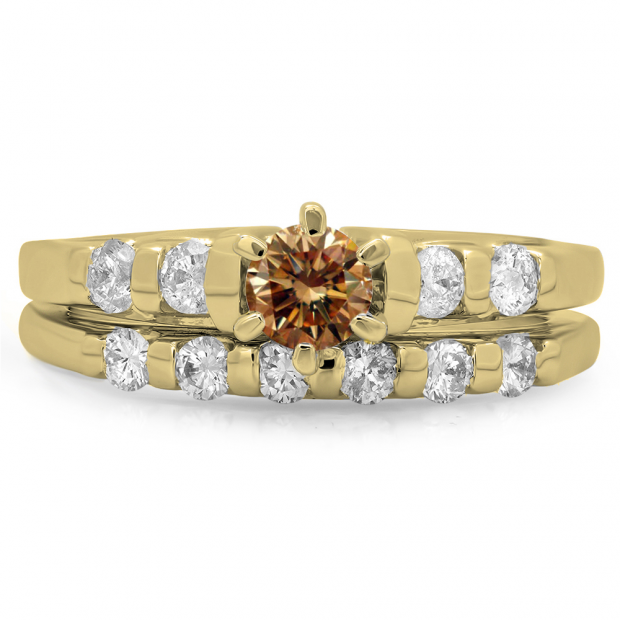 1.00 Carat (ctw) 10K Yellow Gold Round Cut Champagne & White Diamond Ladies Bridal Solitaire With Accents Engagement Ring Matching Band Set 1 CT