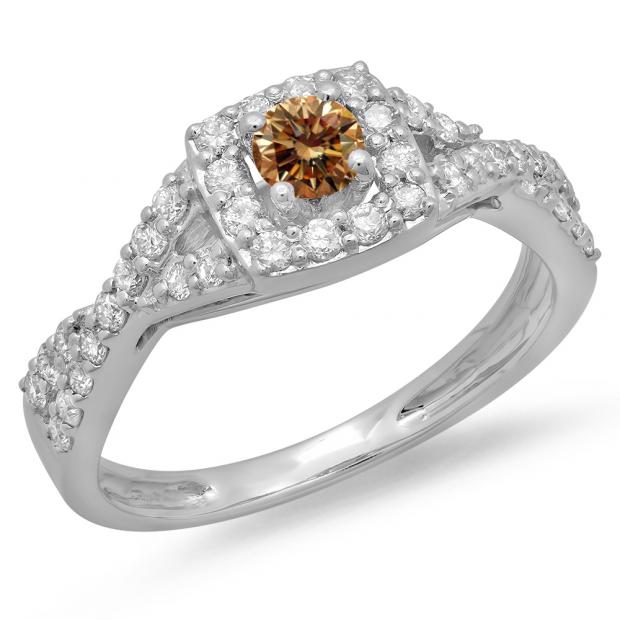 0.75 Carat (ctw) 10K White Gold Round Cut Champagne & White Diamond Ladies Bridal Swirl Split Shank Halo Engagement Ring 3/4 CT