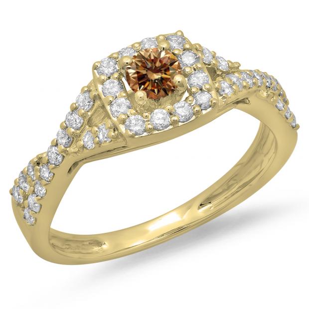0.75 Carat (ctw) 10K Yellow Gold Round Cut Champagne & White Diamond Ladies Bridal Swirl Split Shank Halo Engagement Ring 3/4 CT