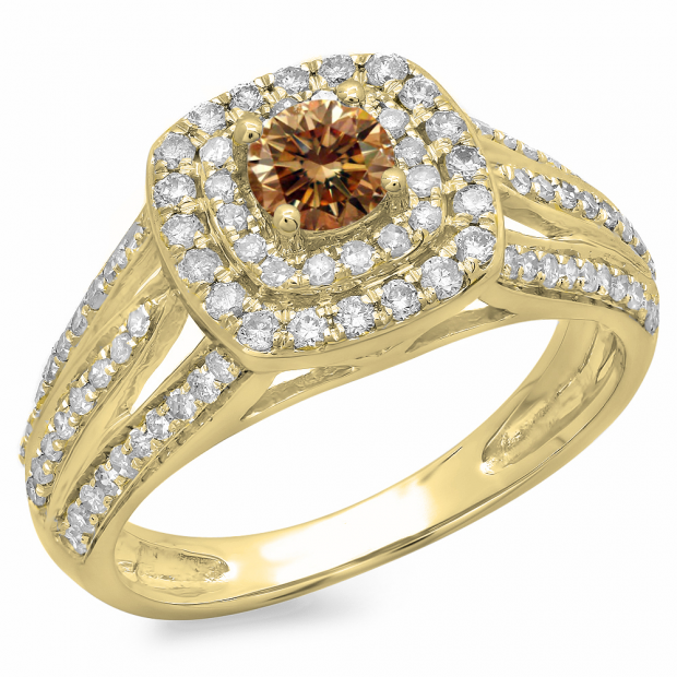 1.10 Carat (ctw) 10K Yellow Gold Round Cut Champagne & White Diamond Ladies Split Shank Vintage Style Bridal Halo Engagement Ring 1 CT