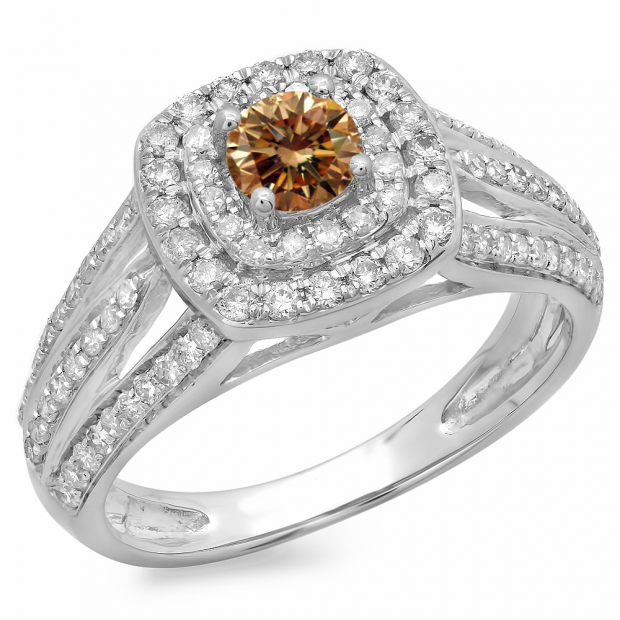 1.10 Carat (ctw) 14K White Gold Round Cut Champagne & White Diamond Ladies Split Shank Vintage Style Bridal Halo Engagement Ring 1 CT