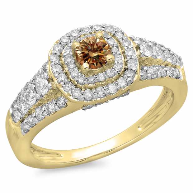 1.00 Carat (ctw) 14K Yellow Gold Round Cut Champagne & White Diamond Ladies Vintage Style Bridal Halo Engagement Ring 1 CT