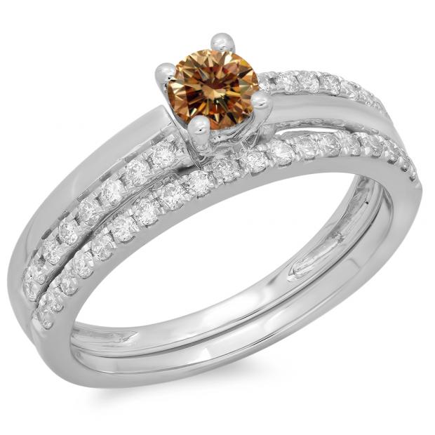 0.75 Carat (ctw) 10K White Gold Round Cut Champagne & White Diamond Ladies Bridal Engagement Ring With Matching Band Set 3/4 CT