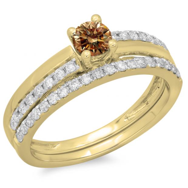 0.75 Carat (ctw) 10K Yellow Gold Round Cut Champagne & White Diamond Ladies Bridal Engagement Ring With Matching Band Set 3/4 CT