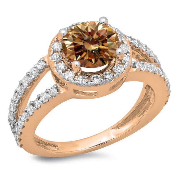 2.33 Carat (ctw) 14K Rose Gold Round Champagne & White Diamond Ladies Bridal Split Shank Halo Style Engagement Ring