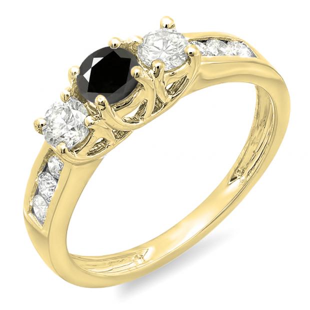 0.90 Carat (ctw) 10K Yellow Gold Round Cut Black & White Diamond Ladies 3 Stone Engagement Bridal Ring