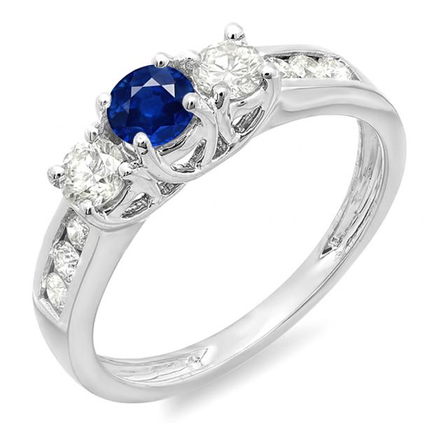 0.90 Carat (ctw) 10K White Gold Round Cut Blue Sapphire & White Diamond Ladies 3 Stone Engagement Bridal Ring