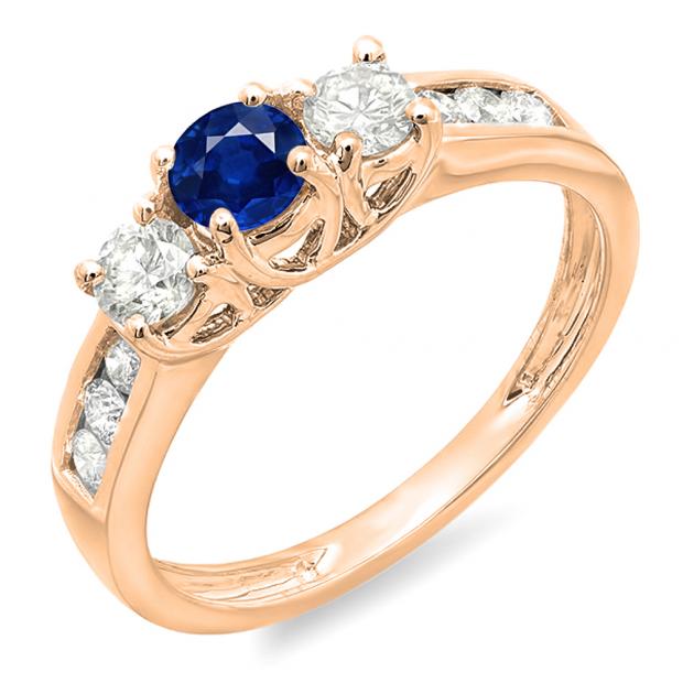 0.90 Carat (ctw) 14K Rose Gold Round Cut Blue Sapphire & White Diamond Ladies 3 Stone Engagement Bridal Ring
