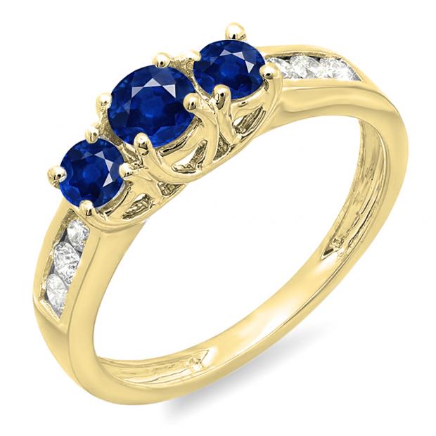 0.90 Carat (ctw) 10K Yellow Gold Round Cut Blue Sapphire & White Diamond Ladies 3 Stone Engagement Bridal Ring