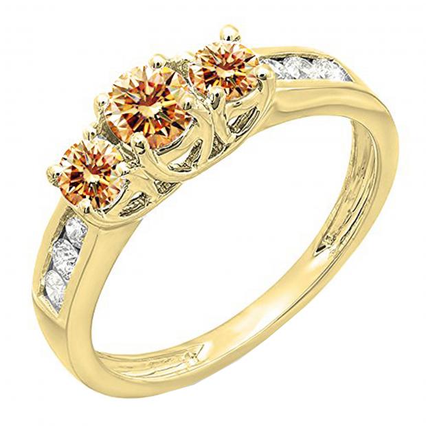 0.90 Carat (ctw) 10K Yellow Gold Round Cut Champagne & White Diamond Ladies 3 Stone Engagement Bridal Ring