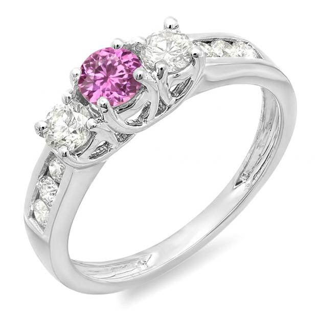 0.90 Carat (ctw) 10K White Gold Round Cut Pink Sapphire & White Diamond Ladies 3 Stone Engagement Bridal Ring