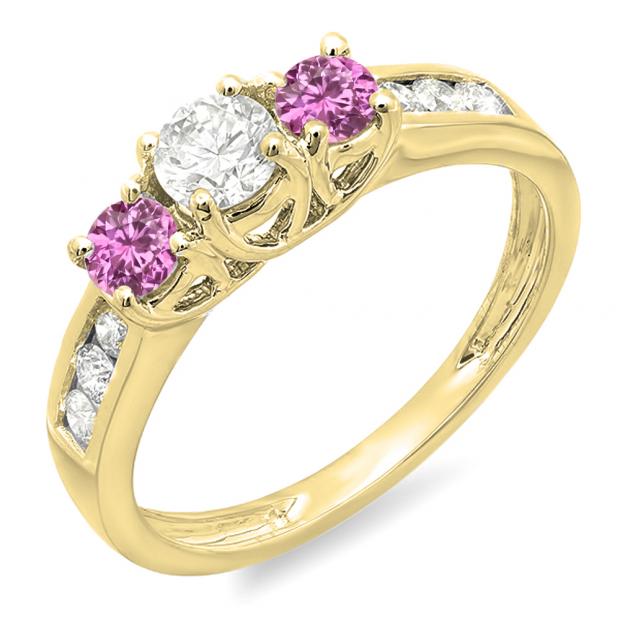 0.90 Carat (ctw) 10K Yellow Gold Round Cut Pink Sapphire & White Diamond Ladies 3 Stone Engagement Bridal Ring