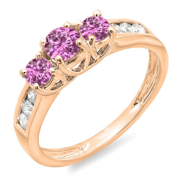 0.90 Carat (ctw) 10K Rose Gold Round Cut Pink Sapphire & White Diamond Ladies 3 Stone Engagement Bridal Ring