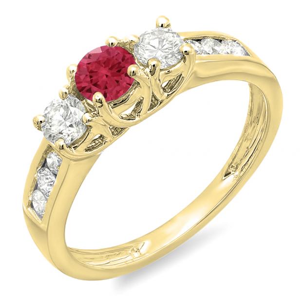 0.90 Carat (ctw) 10K Yellow Gold Round Cut Red Ruby & White Diamond Ladies 3 Stone Engagement Bridal Ring