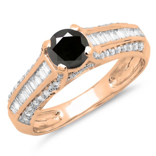 1.20 Carat (ctw) 10K Rose Gold Round & Baguette Cut Black & White Diamond Ladies Vintage Style Solitaire With Accents Bridal Engagement Ring 1 1/4 CT
