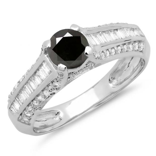 1.20 Carat (ctw) 18K White Gold Round & Baguette Cut Black & White Diamond Ladies Vintage Style Solitaire With Accents Bridal Engagement Ring 1 1/4 CT