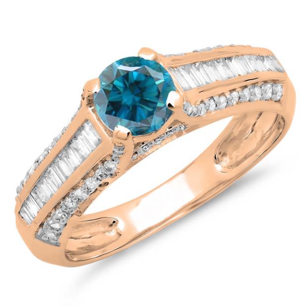 1.20 Carat (ctw) 10K Rose Gold Round & Baguette Cut Blue & White Diamond Ladies Vintage Style Solitaire With Accents Bridal Engagement Ring 1 1/4 CT