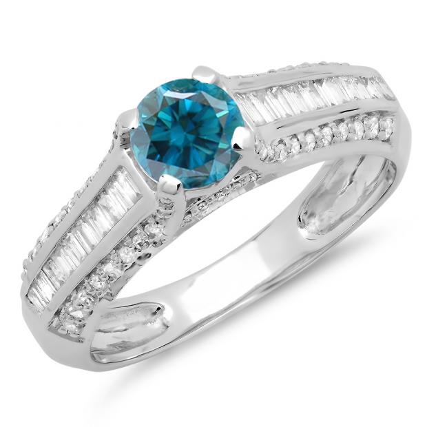 1.20 Carat (ctw) 14K White Gold Round & Baguette Cut Blue & White Diamond Ladies Vintage Style Solitaire With Accents Bridal Engagement Ring 1 1/4 CT