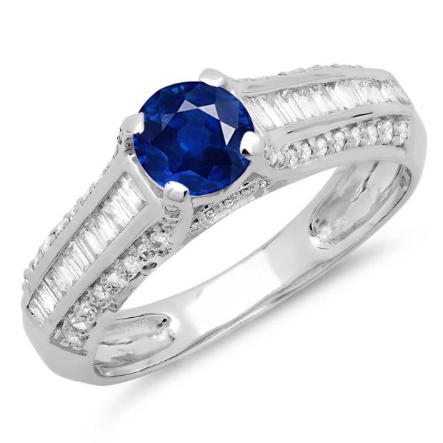 1.20 Carat (ctw) 10K White Gold Round & Baguette Cut Blue Sapphire & White Diamond Ladies Vintage Style Solitaire With Accents Bridal Engagement Ring 1 1/4 CT
