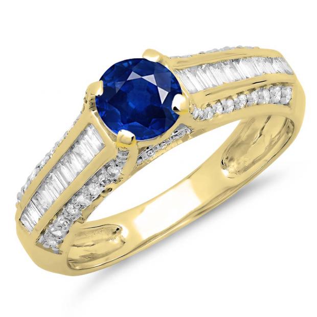 1.20 Carat (ctw) 14K Yellow Gold Round & Baguette Cut Blue Sapphire & White Diamond Ladies Vintage Style Solitaire With Accents Bridal Engagement Ring 1 1/4 CT