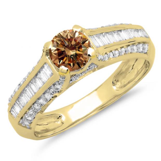 1.20 Carat (ctw) 10K Yellow Gold Round & Baguette Cut Champagne & White Diamond Ladies Vintage Style Solitaire With Accents Bridal Engagement Ring 1 1/4 CT