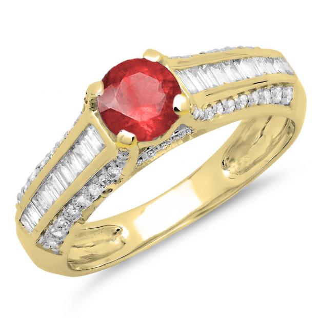 1.20 Carat (ctw) 14K Yellow Gold Round & Baguette Cut Red Ruby & White Diamond Ladies Vintage Style Solitaire With Accents Bridal Engagement Ring 1 1/4 CT