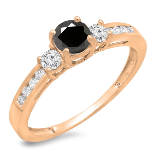 0.75 Carat (ctw) 10K Rose Gold Round Cut Black & White Diamond Ladies Bridal 3 Stone Engagement Ring 3/4 CT