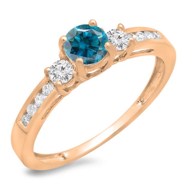 0.75 Carat (ctw) 10K Rose Gold Round Cut Blue & White Diamond Ladies Bridal 3 Stone Engagement Ring 3/4 CT