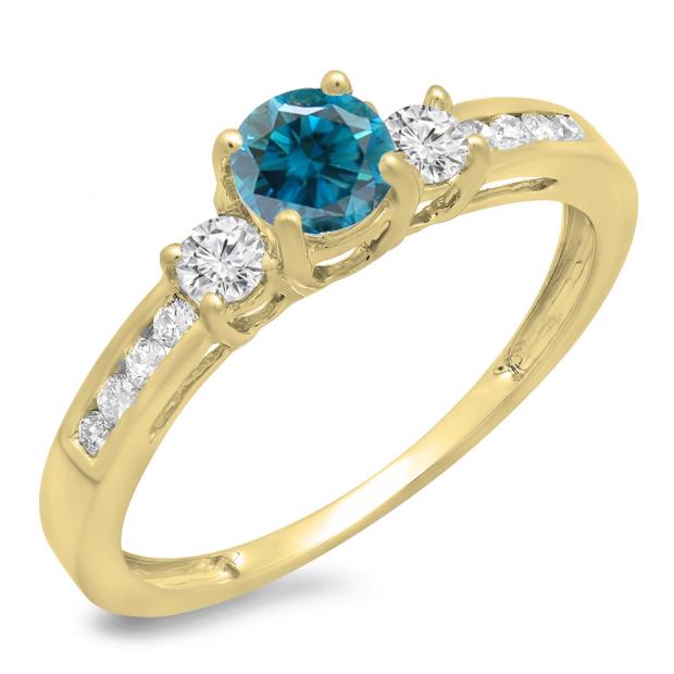 0.75 Carat (ctw) 18K Yellow Gold Round Cut Blue & White Diamond Ladies Bridal 3 Stone Engagement Ring 3/4 CT