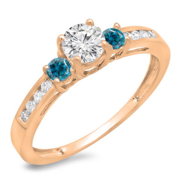 0.75 Carat (ctw) 10K Rose Gold Round Cut Blue & White Diamond Ladies Bridal 3 Stone Engagement Ring 3/4 CT