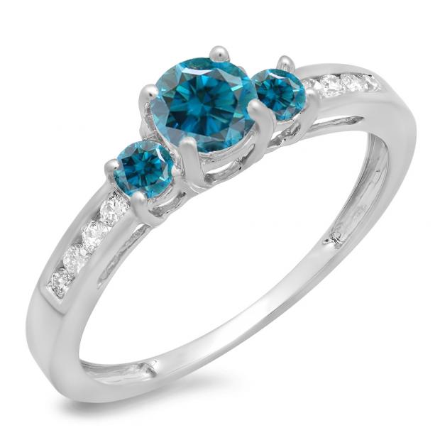 0.75 Carat (ctw) 10K White Gold Round Cut Blue & White Diamond Ladies Bridal 3 Stone Engagement Ring 3/4 CT