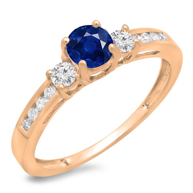 0.75 Carat (ctw) 10K Rose Gold Round Cut Blue Sapphire & White Diamond Ladies Bridal 3 Stone Engagement Ring 3/4 CT