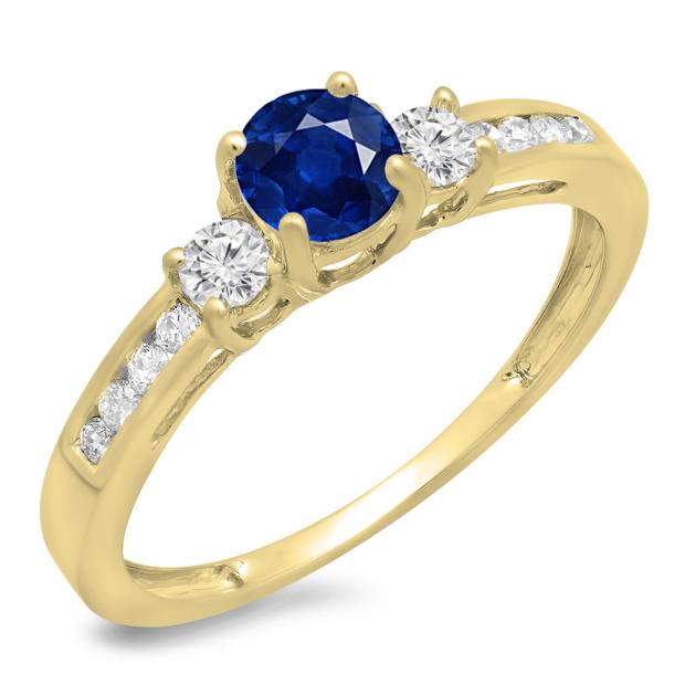 0.75 Carat (ctw) 10K Yellow Gold Round Cut Blue Sapphire & White Diamond Ladies Bridal 3 Stone Engagement Ring 3/4 CT