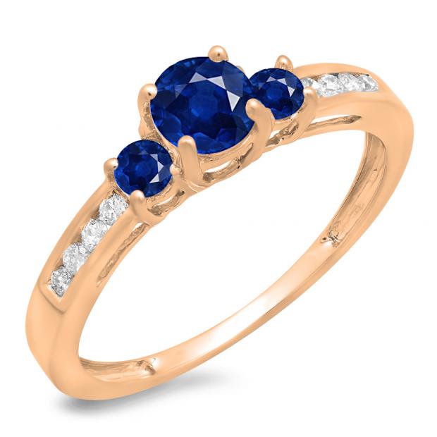 0.75 Carat (ctw) 18K Rose Gold Round Cut Blue Sapphire & White Diamond Ladies Bridal 3 Stone Engagement Ring 3/4 CT