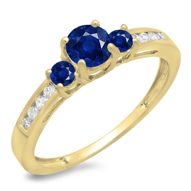 0.75 Carat (ctw) 18K Yellow Gold Round Cut Blue Sapphire & White Diamond Ladies Bridal 3 Stone Engagement Ring 3/4 CT