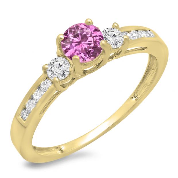 0.75 Carat (ctw) 10K Yellow Gold Round Cut Pink Sapphire & White Diamond Ladies Bridal 3 Stone Engagement Ring 3/4 CT
