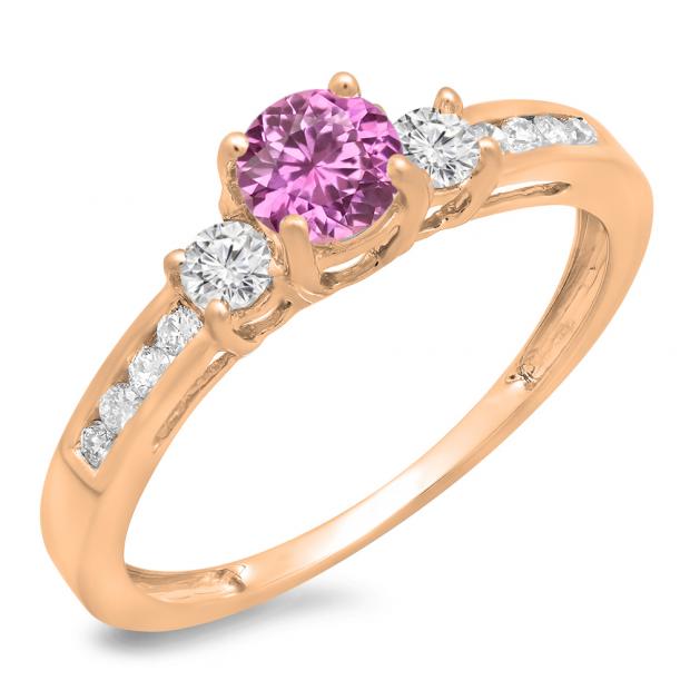 0.75 Carat (ctw) 14K Rose Gold Round Cut Pink Sapphire & White Diamond Ladies Bridal 3 Stone Engagement Ring 3/4 CT