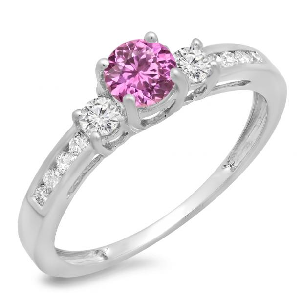 0.75 Carat (ctw) 14K White Gold Round Cut Pink Sapphire & White Diamond Ladies Bridal 3 Stone Engagement Ring 3/4 CT