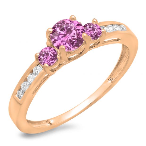 0.75 Carat (ctw) 14K Rose Gold Round Cut Pink Sapphire & White Diamond Ladies Bridal 3 Stone Engagement Ring 3/4 CT