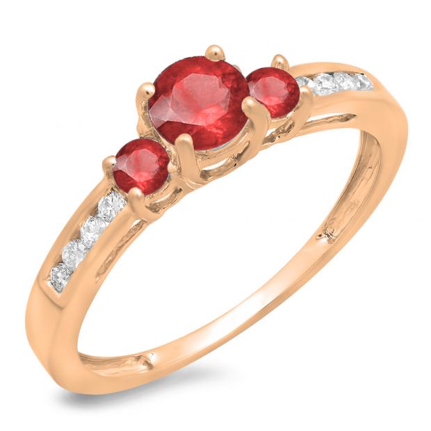 0.75 Carat (ctw) 18K Rose Gold Round Cut Ruby & White Diamond Ladies Bridal 3 Stone Engagement Ring 3/4 CT