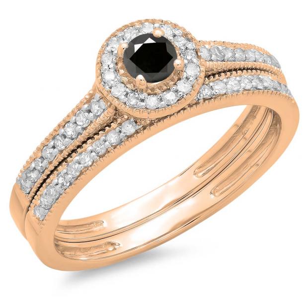 0.50 Carat (ctw) 10K Rose Gold Round Black & White Diamond Ladies Halo Style Bridal Engagement Ring With Matching Band Set 1/2 CT