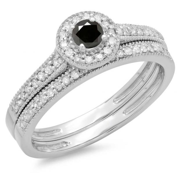 0.50 Carat (ctw) 10K White Gold Round Black & White Diamond Ladies Halo Style Bridal Engagement Ring With Matching Band Set 1/2 CT