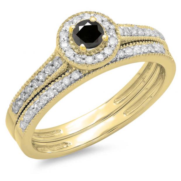 0.50 Carat (ctw) 10K Yellow Gold Round Black & White Diamond Ladies Halo Style Bridal Engagement Ring With Matching Band Set 1/2 CT
