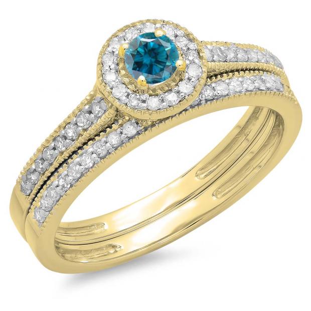 0.50 Carat (ctw) 10K Yellow Gold Round Blue & White Diamond Ladies Halo Style Bridal Engagement Ring With Matching Band Set 1/2 CT