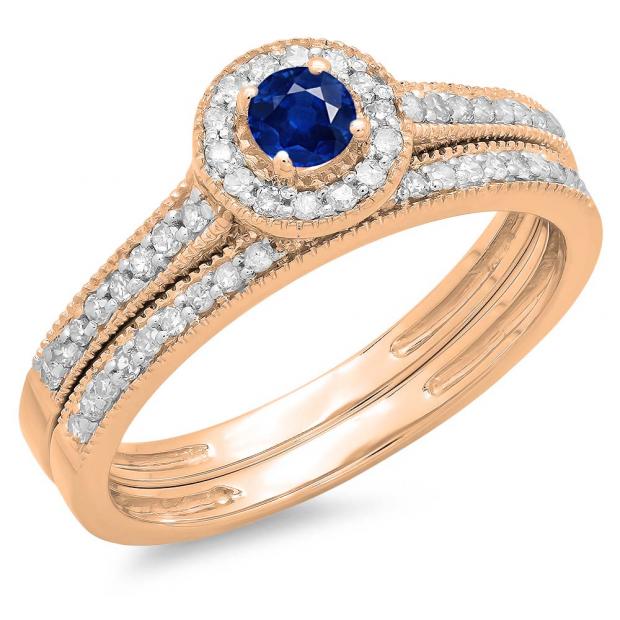 0.50 Carat (ctw) 10K Rose Gold Round Blue Sapphire & White Diamond Ladies Halo Style Bridal Engagement Ring With Matching Band Set 1/2 CT